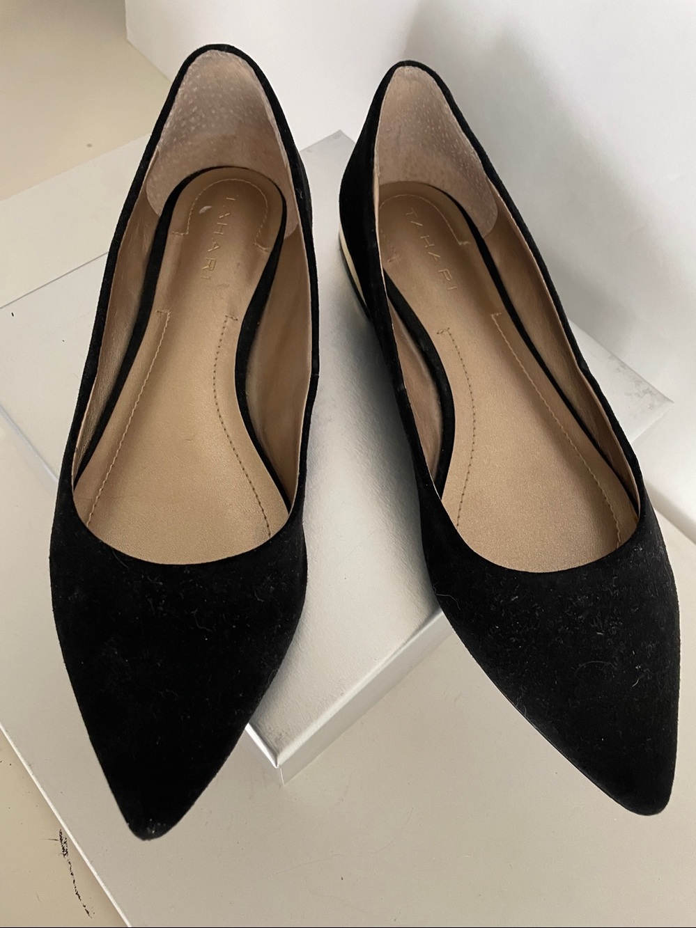 Black Suede Flats Genuine Leather Gold Accents Ballet Slip on Point Toe - Picture 3 of 9